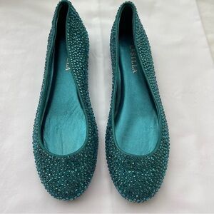 LE SILLA ballet flats embellished teal leather sparkly rhinestone NEW